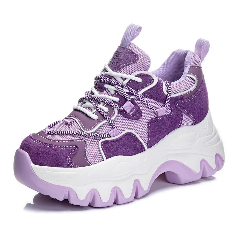 Koznoy 8CM Air Mesh Suede Genuine Leather Thick Bottom Flats Chunky Sneakers Women Causal Platform Wedge Summer Fashion Shoes