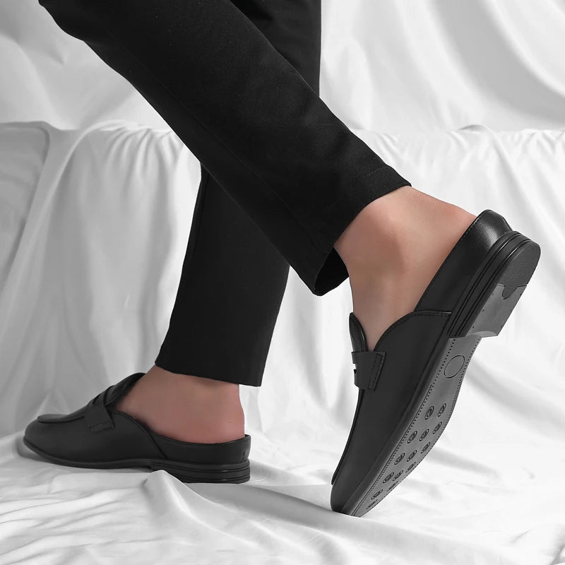 Men Leather Half Slippers Fashion Outdoor Casual Leather Shoes Soft Bottom Half Drag Genuine Leather Antiskid Walking Shoes
