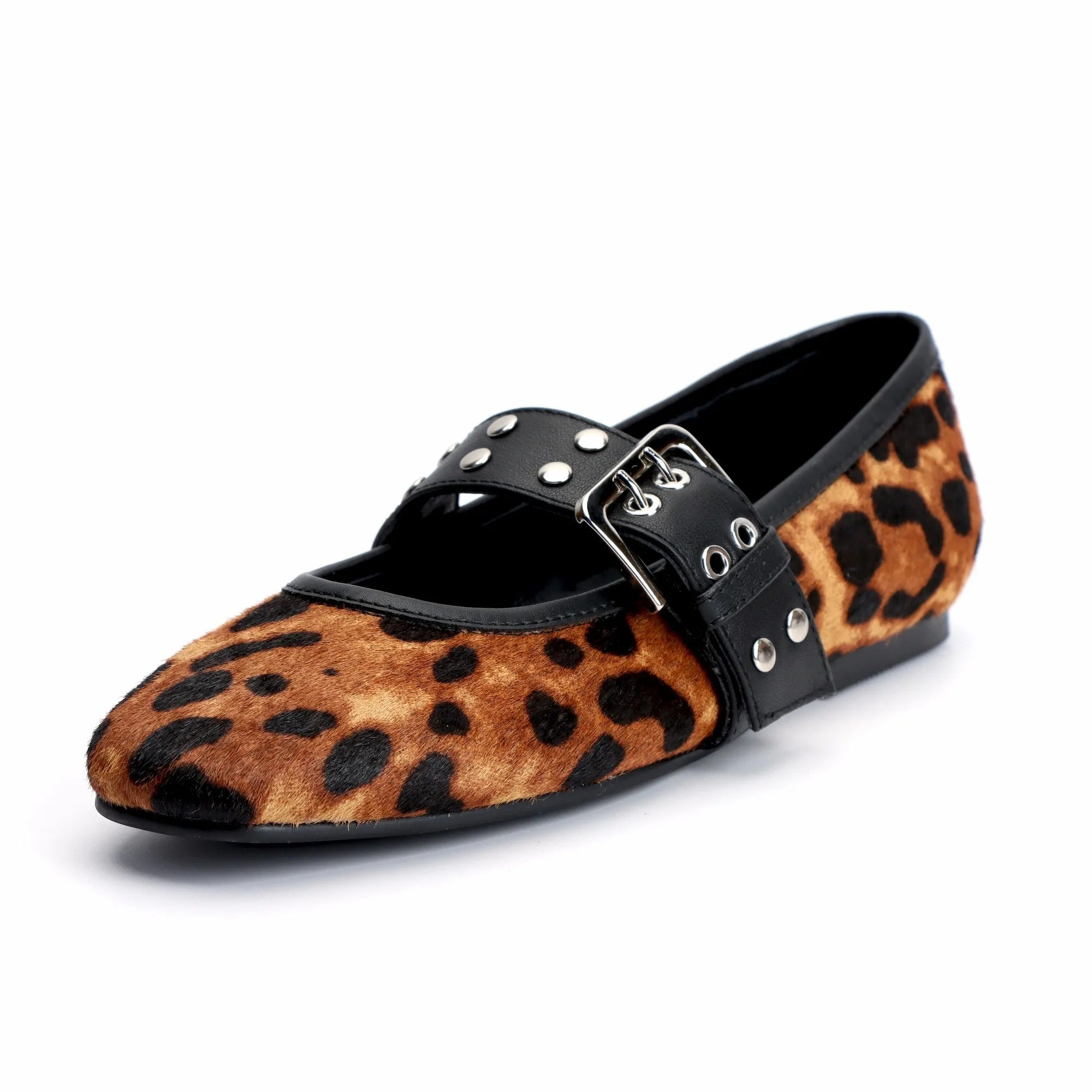 Women's Leopard Mary Jane Ballet Flats Square Toe,Adjustable Buckle Strap, Memory Foam Comfort,Calf Hair Dress Shoes