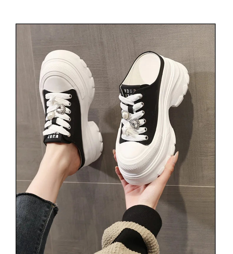 Fujin 9cm Denim Leather Platform Wedge Flats Shoes Chunky Sneaker Casual Comfy Platform Wedge High Brand Slipper Shoes