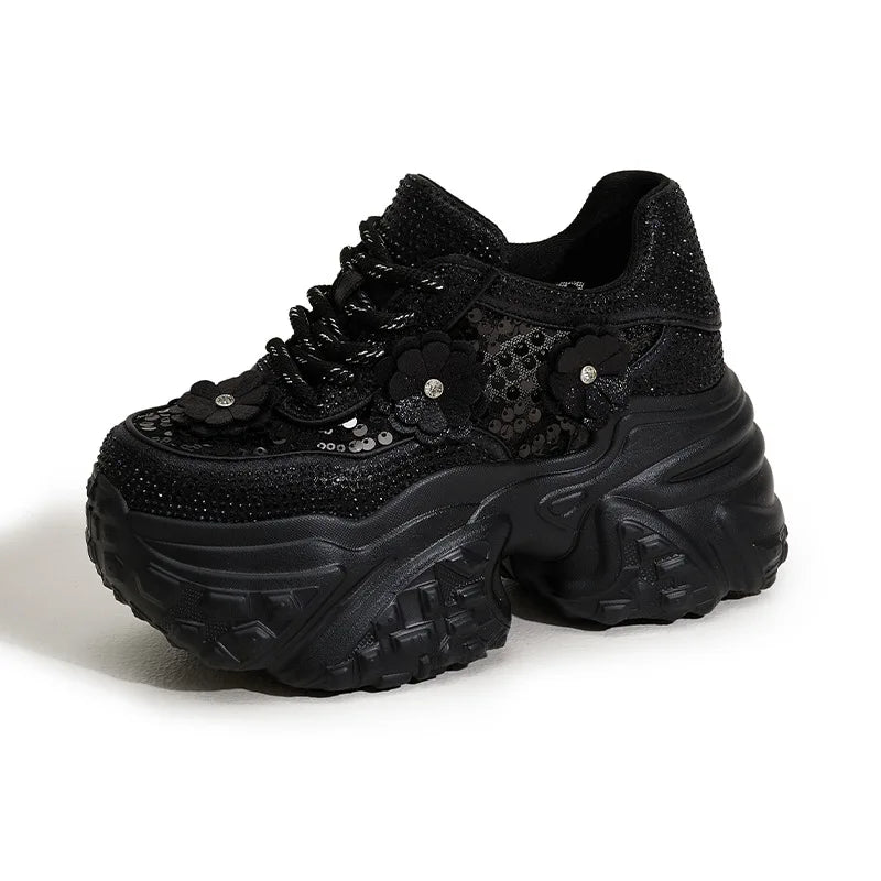 Fujin 10cm Air Mesh Synthetic Leather Bling Casual Platform Wedge Flats Women Vulcanize Hollow Summer Chunky Sneakers Shoes