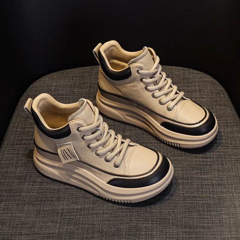 DRKANOL 2025 Women Chunky Platform Ankle Boots Mixed Colors Genuine Cow Leather Lace-Up Thick Soled Wedges Heel Cotton Boots