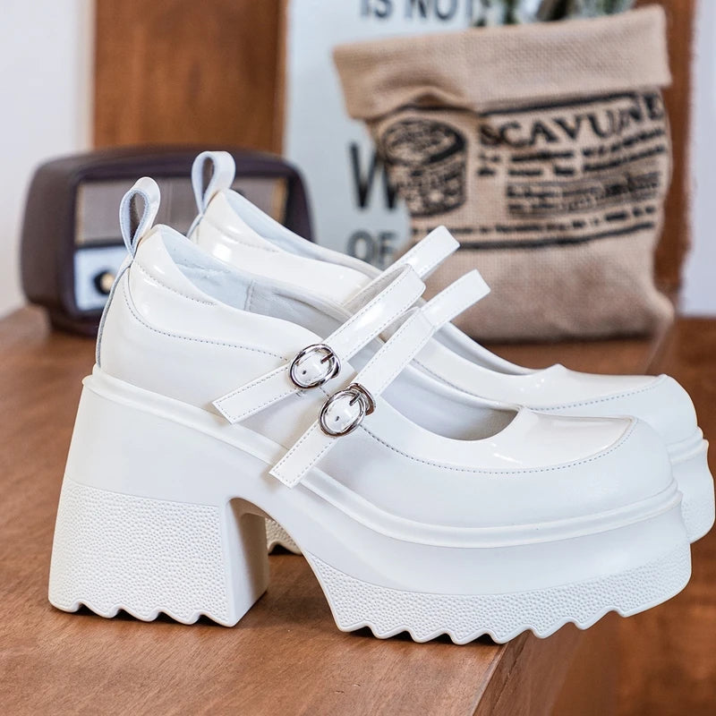AUTUSPIN 10cm Mary Jane Women Pumps Fashion Platform Thick High Heels Spring Autumn Japanese Style Patent Split Leather Shoes
