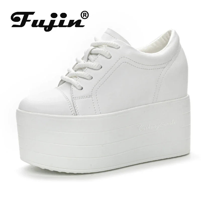 Fujin 12cm Genuine Leather Synthetic Women Autumn Spring Platform Wedge Women Fashion Sneakers Chunky Shoes Vulcanize Skateboard