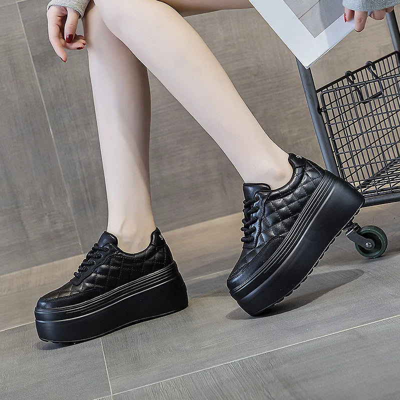 Fujin 8cm New Sewing Genuine Leather Platform Wedge Ankle Boots Chunky Sneakers Women Comfy Spring Autumn Supportive Pumps Shoes