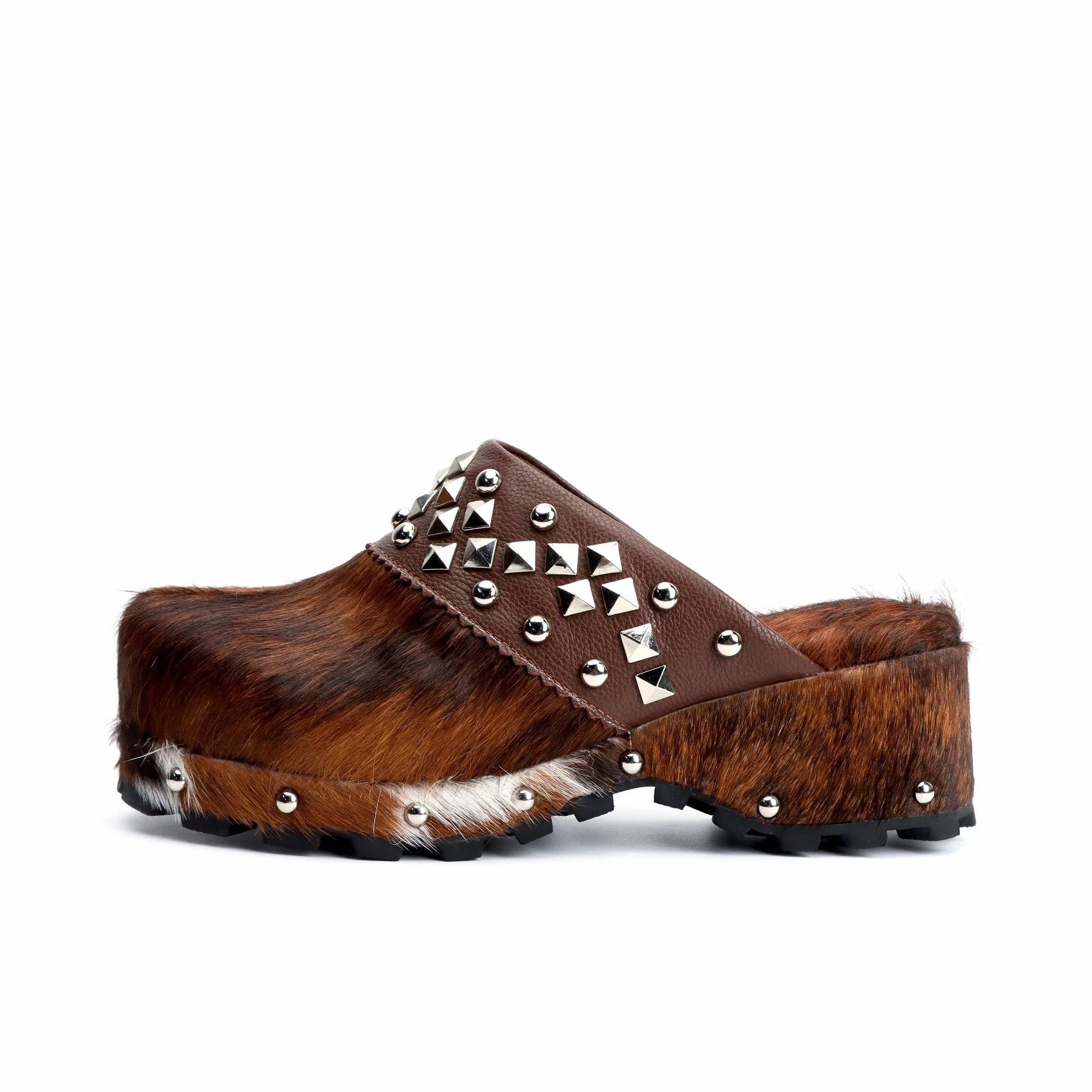 Women's Handmade Western Cowboy Clogs Shoes with Natural Calf Hair, Sheepskin Lining, and Arch Support - Featuring Shiny Rivets