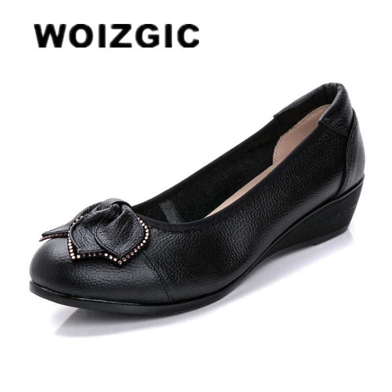 WOIZGIC Femmes Mère Vieilles Chaussures Plates Mocassins Vache Véritable Cuir Peau De Porc Caoutchouc Daim Sans Lacet Bowknot Décontracté 34-43 HC-1107