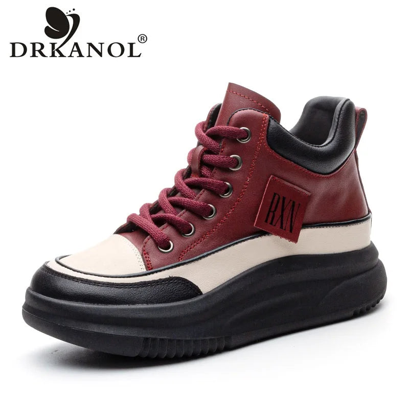 DRKANOL 2025 Women Chunky Platform Ankle Boots Mixed Colors Genuine Cow Leather Lace-Up Thick Soled Wedges Heel Cotton Boots
