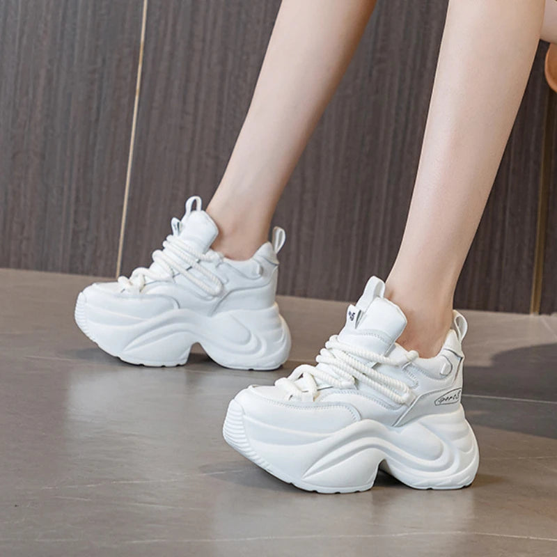 Fujin 9cm Platform Wedge Sneakers Chunky Genuine Leather Women Summer Shoes Spring Autumn Walking Sneakers Vulcanize Fashion