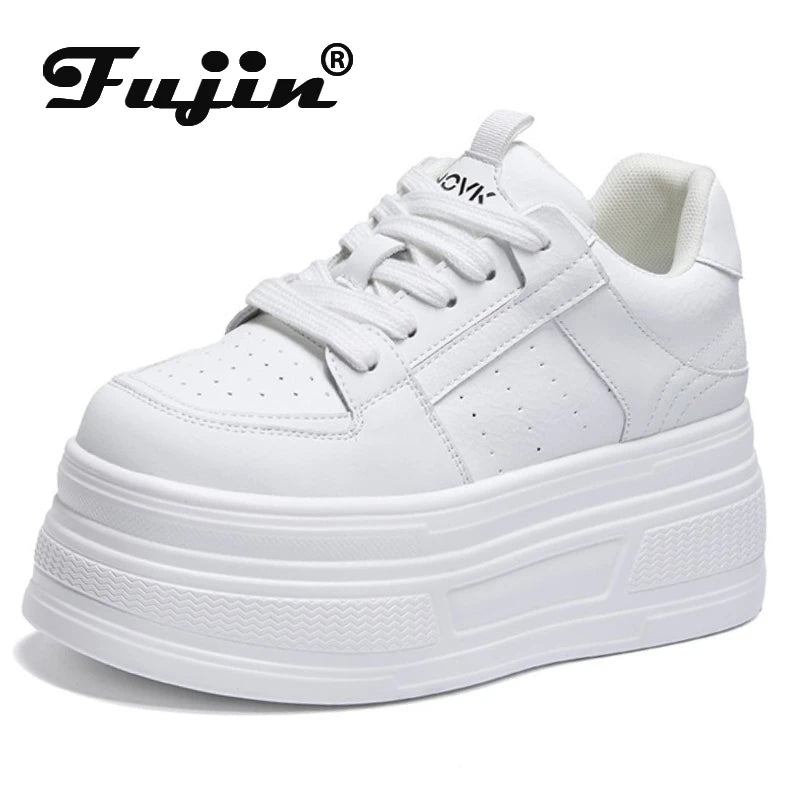 Fujin 8cm Cow Suede Genuine Leather  Platform Wedge Skate Boarding High Brand Heels Casual Women Vulcanized Shoes Summer Shoes