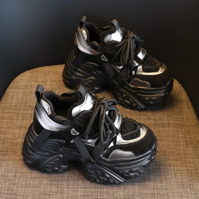 Fujin 9.5cm Women Synthetic Leather Spring Chunky Sneakers  Winter Plush Fashion Ankle Booties Autumn Platform Wedge Flats Shoes