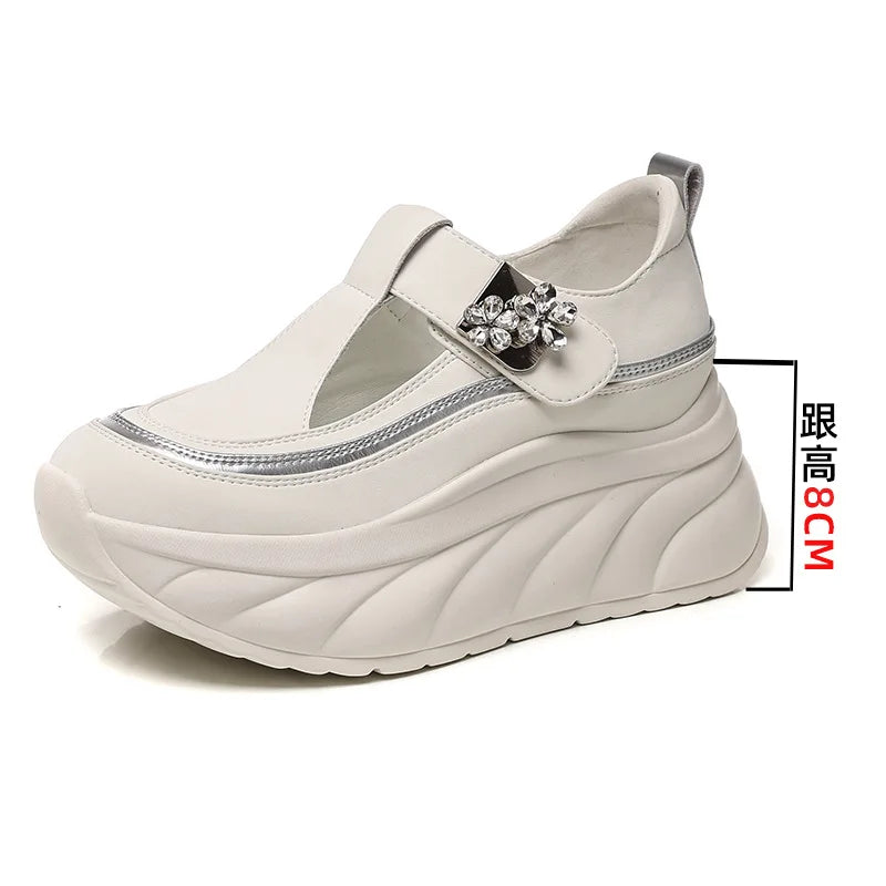 Fujin 8cm Platform Sneakers for Women Casual Shoes Slip on Magic Tape Chunky Shoes White Women Fashion Sneakers Walking Shoes