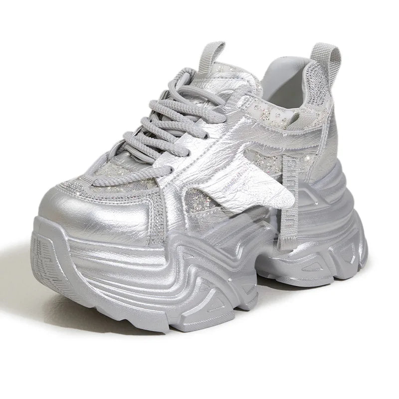 Fujin 9cm Air Mesh Microfiber Leather Bling High Brand Comfy Platform Wedge Fashion Summer Chunky Sneaker Lace Up Shoes Women