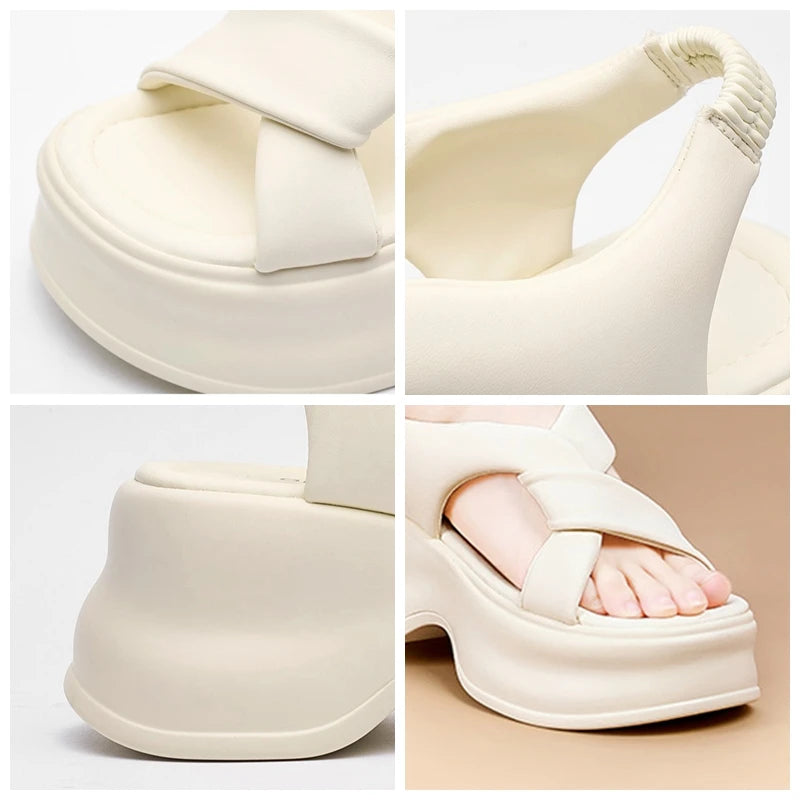 Fujin 7.5cm PU Synthetic Microfiber Leather Platform Wedge Flats Fashion Slippers Women Sandals Fashion Peep Toe Shoes Pumps