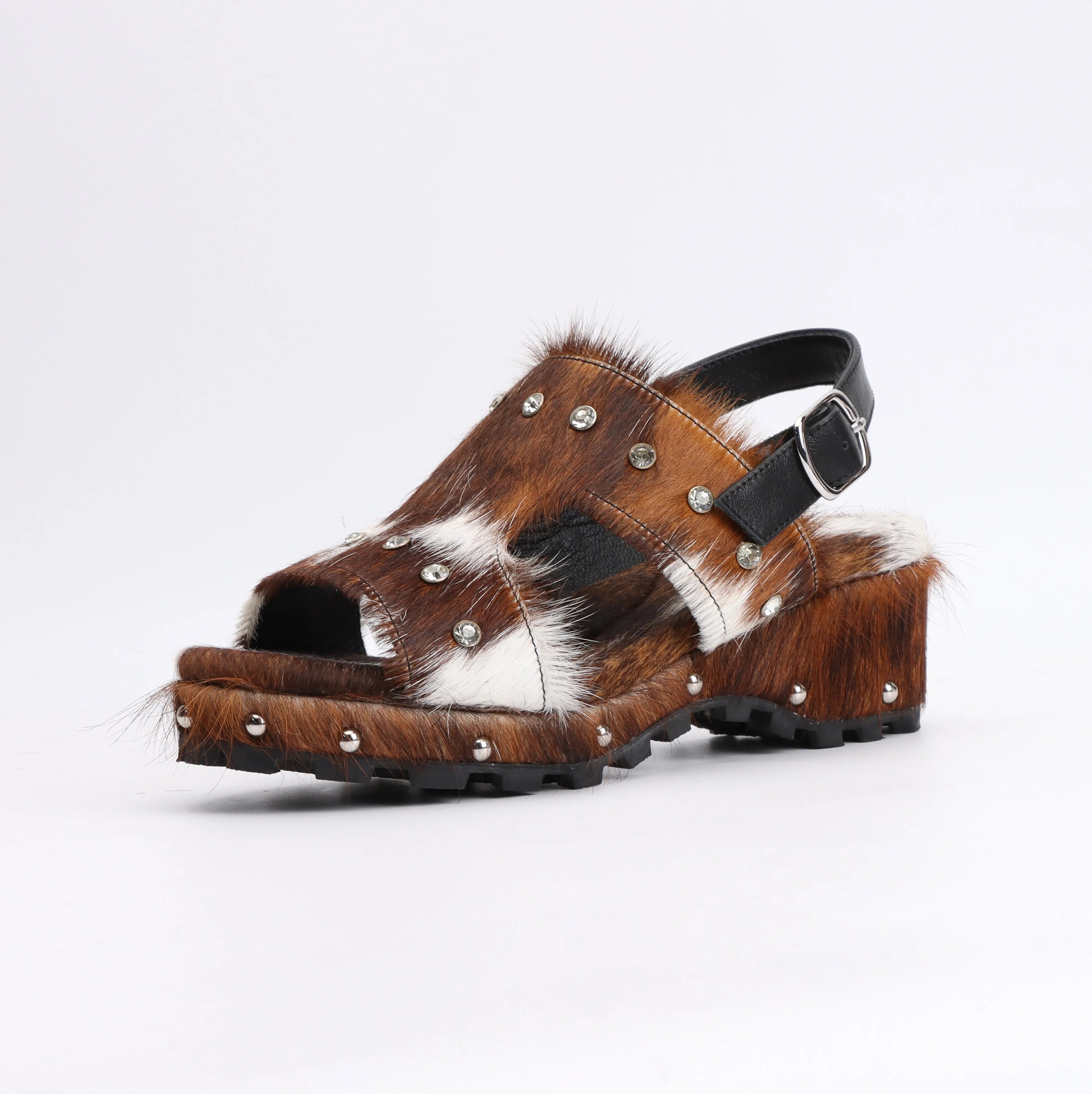 Luxury Horsehair Studded Mid Heel Rubber Sole Platform Sandals for Woman – Designer Shoes Sandals Woman Sandalias de Mujer