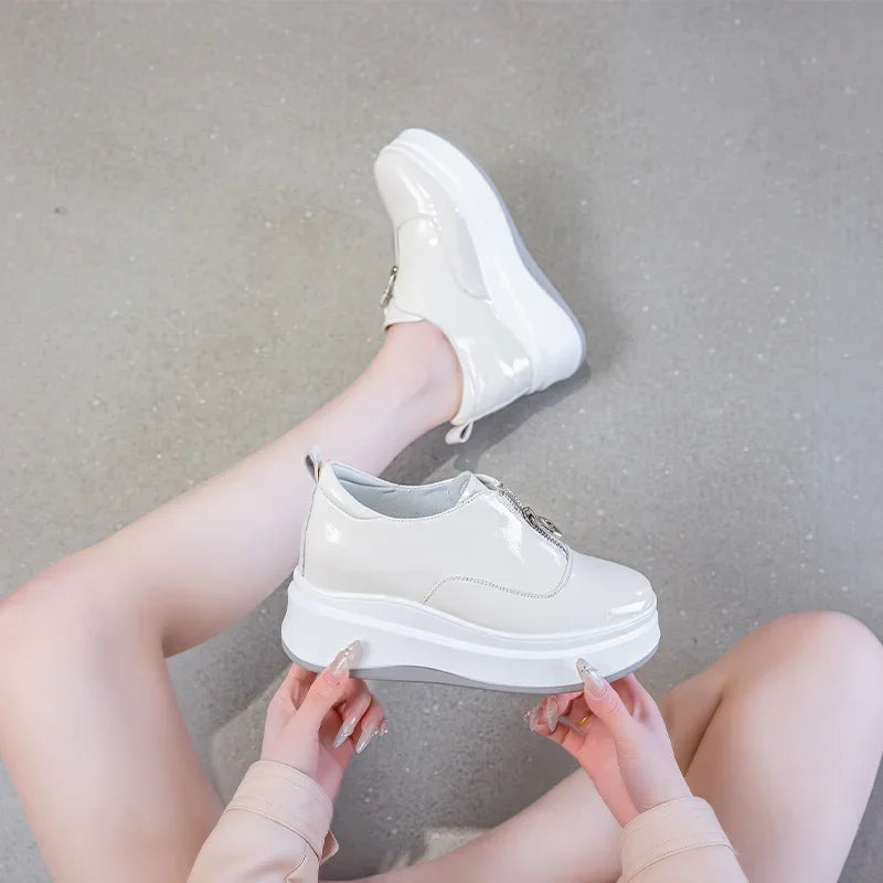 Fujin 7.5cm Patent Microfiber Leather Platform Wedge Comfy High Brand Spring Bao Toe Autumn Slippers Chunky Sneaker Casual Shoes