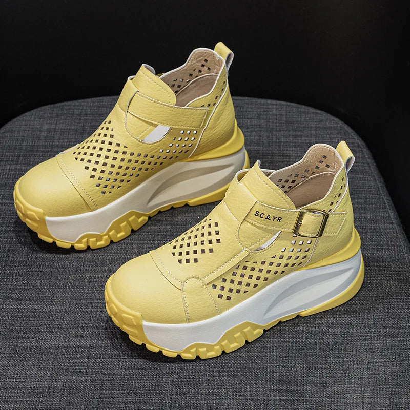 Fujin 7.5cm Microfiber Leather Ankle Boots Sandals Women Platform Wedge Fashion Summer Comfy Shoes Hollow Chunky Sneaker Lace Up