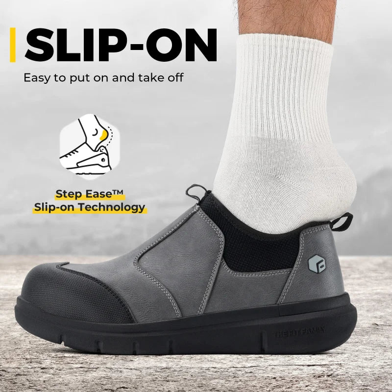 FitVille Widened Men'S Work Shoes Slip-On Composite Steel Toe Shoe Safe Puncture-Proof For Swollen Feet For Construction Sites