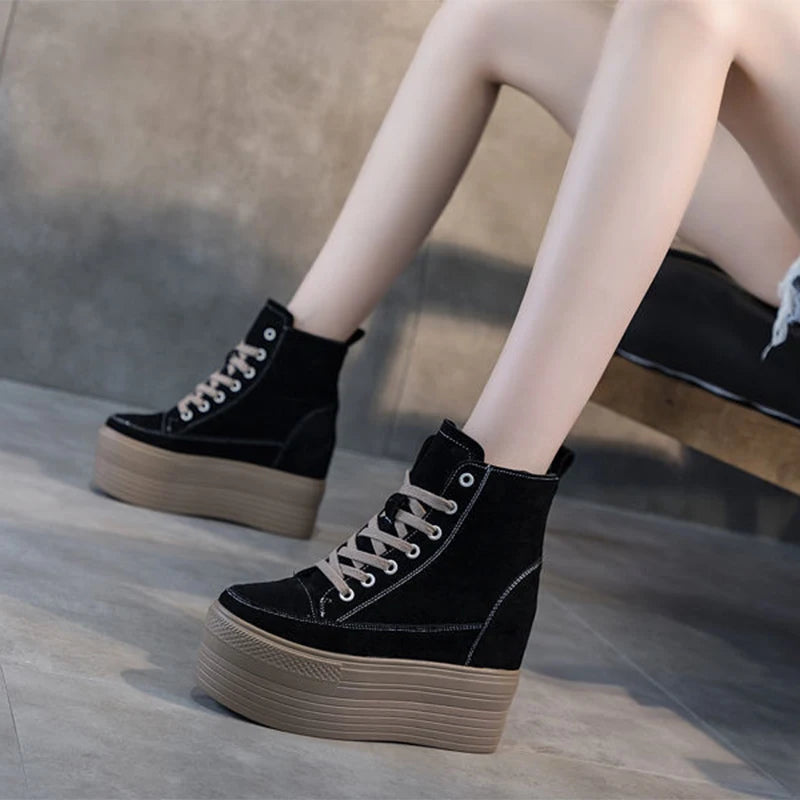 Fujin 12cm Suede Genuine Leather Platform Boots Women Female Spring Autumn Wedge Boots Women Winter Boots Ankle Shoes High Top