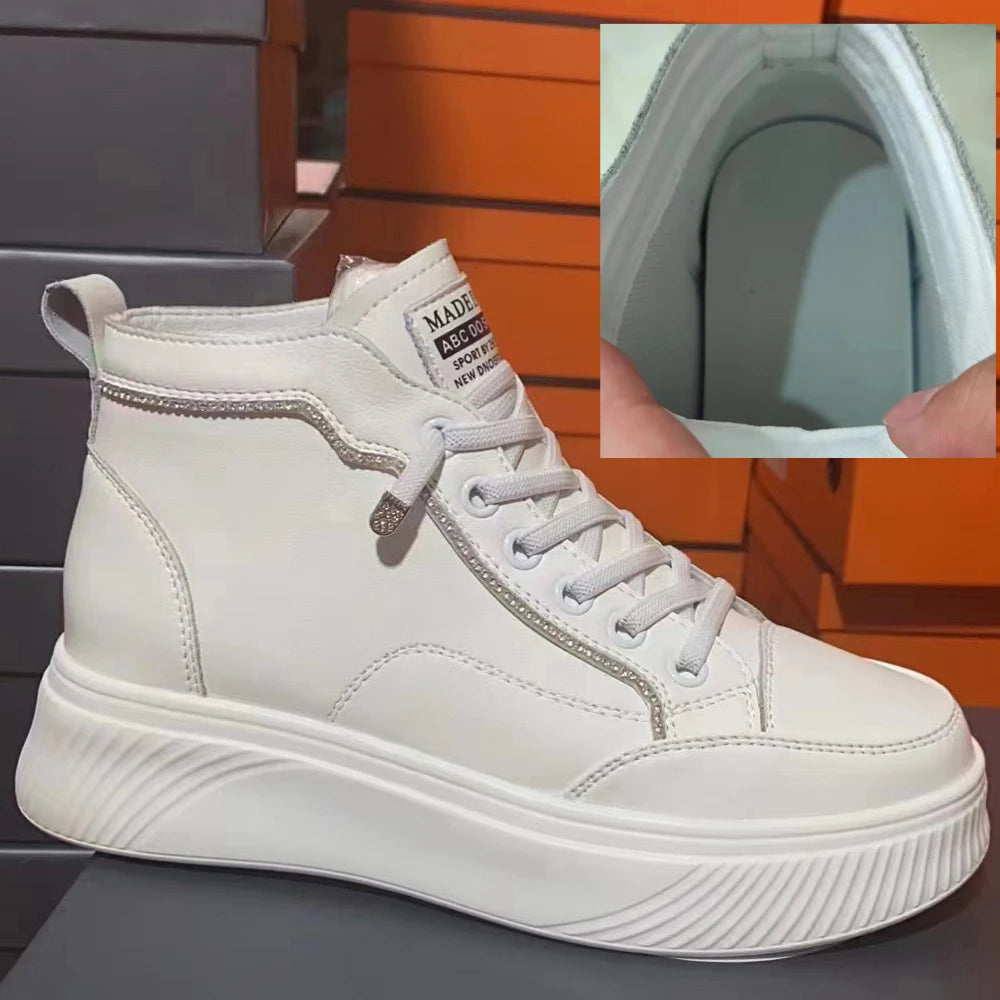 Fujin 5.5cm Genuine Leather Women Ankle Boots Platform Shoes High Top Sneakers White Spring Autumn Warm Fur Women Winter Shoes