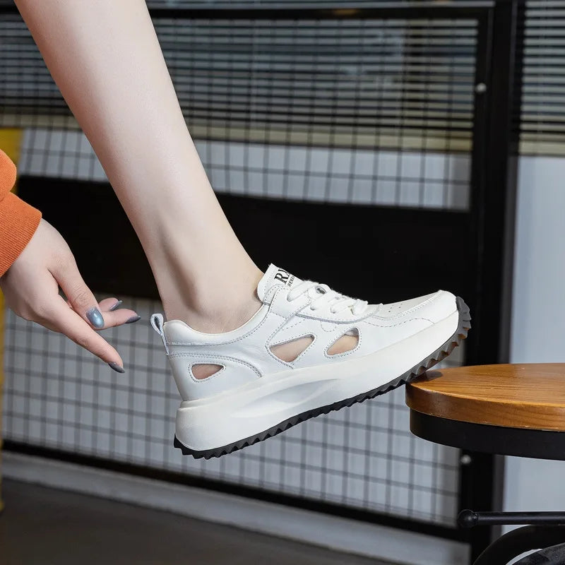 DRKANOL Casual Sneakers Women 2025 Summer Hollow Breathable Genuine Leather Thick Sole Platform Lightweight Ladies Shoes White