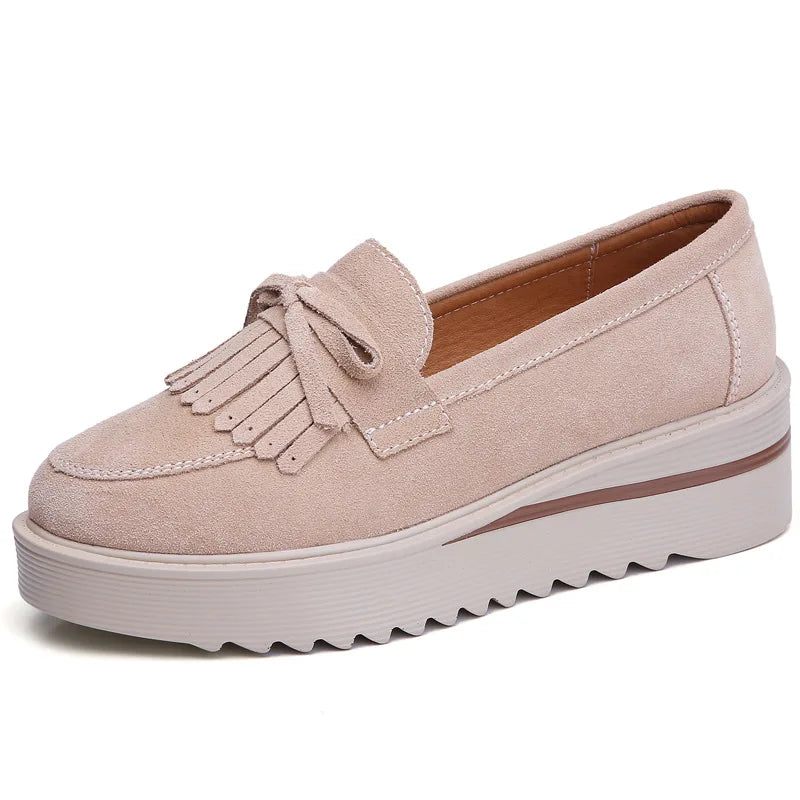 WOIZGIC Women Female Ladies Mother Cow Suede Leather Shoes Platform Flats Fringe Non Slip On Autumn Nowknot Vulcanized Shoes