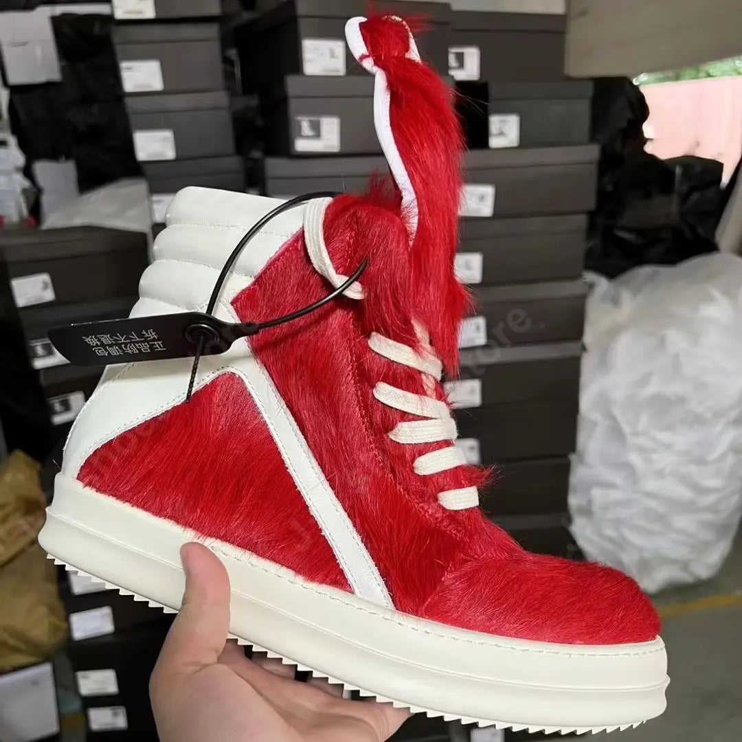 R-o Classic Design Men Shoe Red Horse Hair Women High Top Shoes Boots Zippe Red Horsehair With White Leather Ankle Boot Sneakers