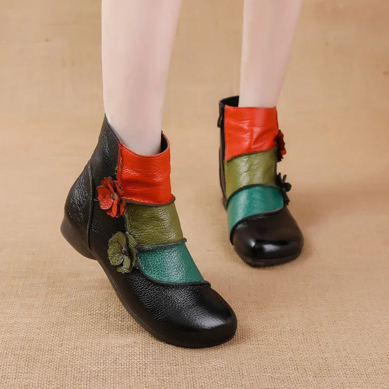 WOIZGIC Bottes en cuir véritable pour femmes, chaussures à la cheville, fermeture éclair, style ethnique, automne, fourrure en peluche, fleur chaude
