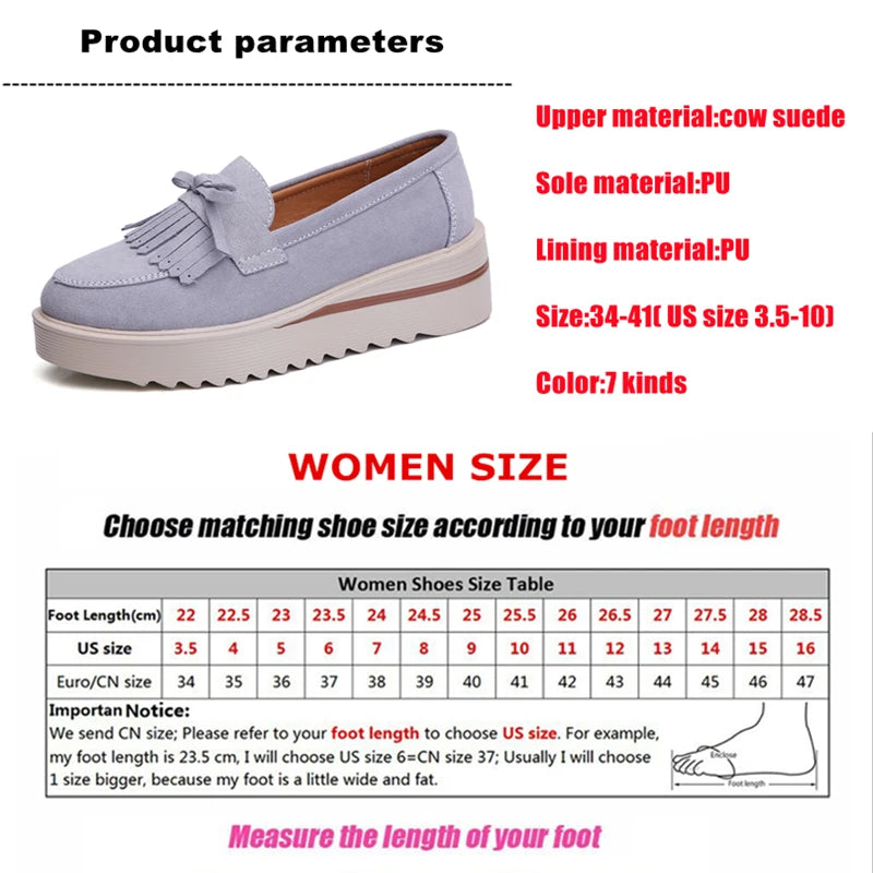 WOIZGIC Women Female Ladies Mother Cow Suede Leather Shoes Platform Flats Fringe Non Slip On Autumn Nowknot Vulcanized Shoes