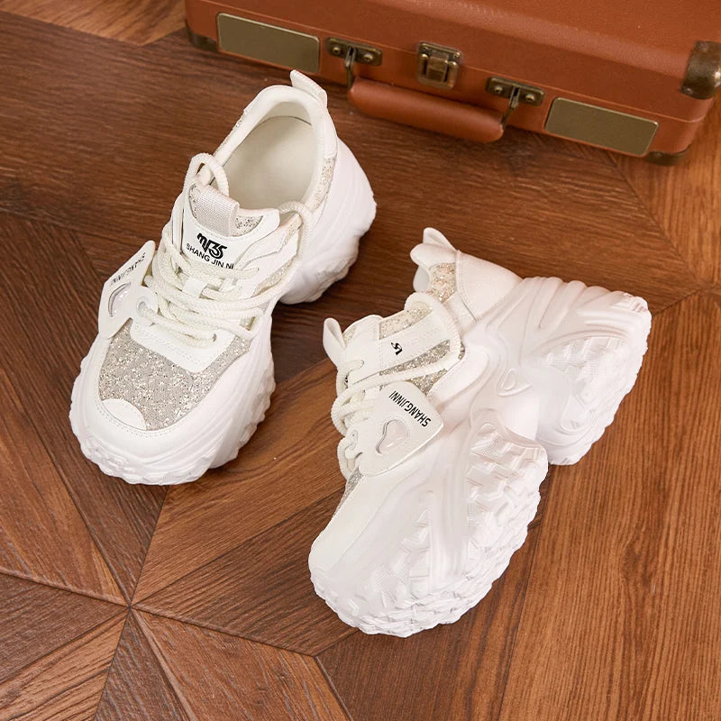 AUTUSPIN 10cm High Chunky Sneakers Women Newest Autumn 2025 Fashion Bling Bling Shoes Outdoor Lace-up Brand Platform Sneaker