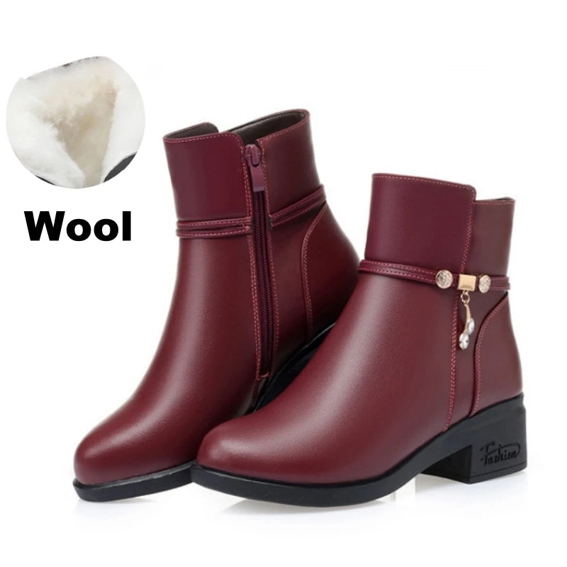 WOIZGIC Women's Mother Female Genuien Leather Shoes Ankle Boots Winter Fur Plush Wool Warm Zipper
