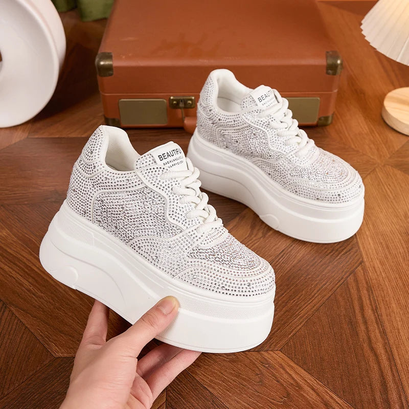 AUTUSPIN 10cm Full Crystal Women Shoes High Internal Increased Height Woman Shoes Fashion Shiny Rhinestones Platform Sneakers