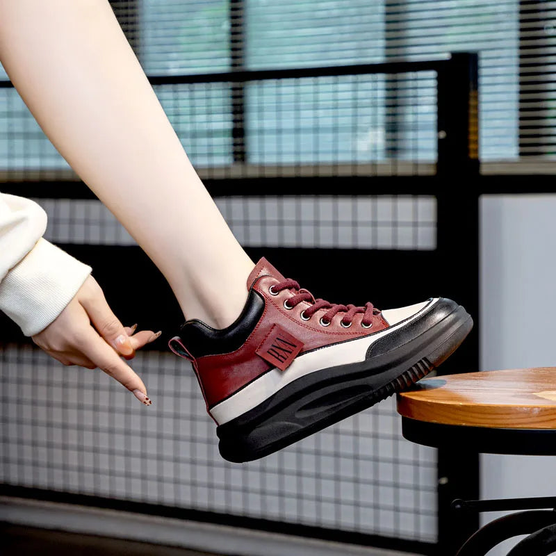 DRKANOL 2025 Women Chunky Platform Ankle Boots Mixed Colors Genuine Cow Leather Lace-Up Thick Soled Wedges Heel Cotton Boots