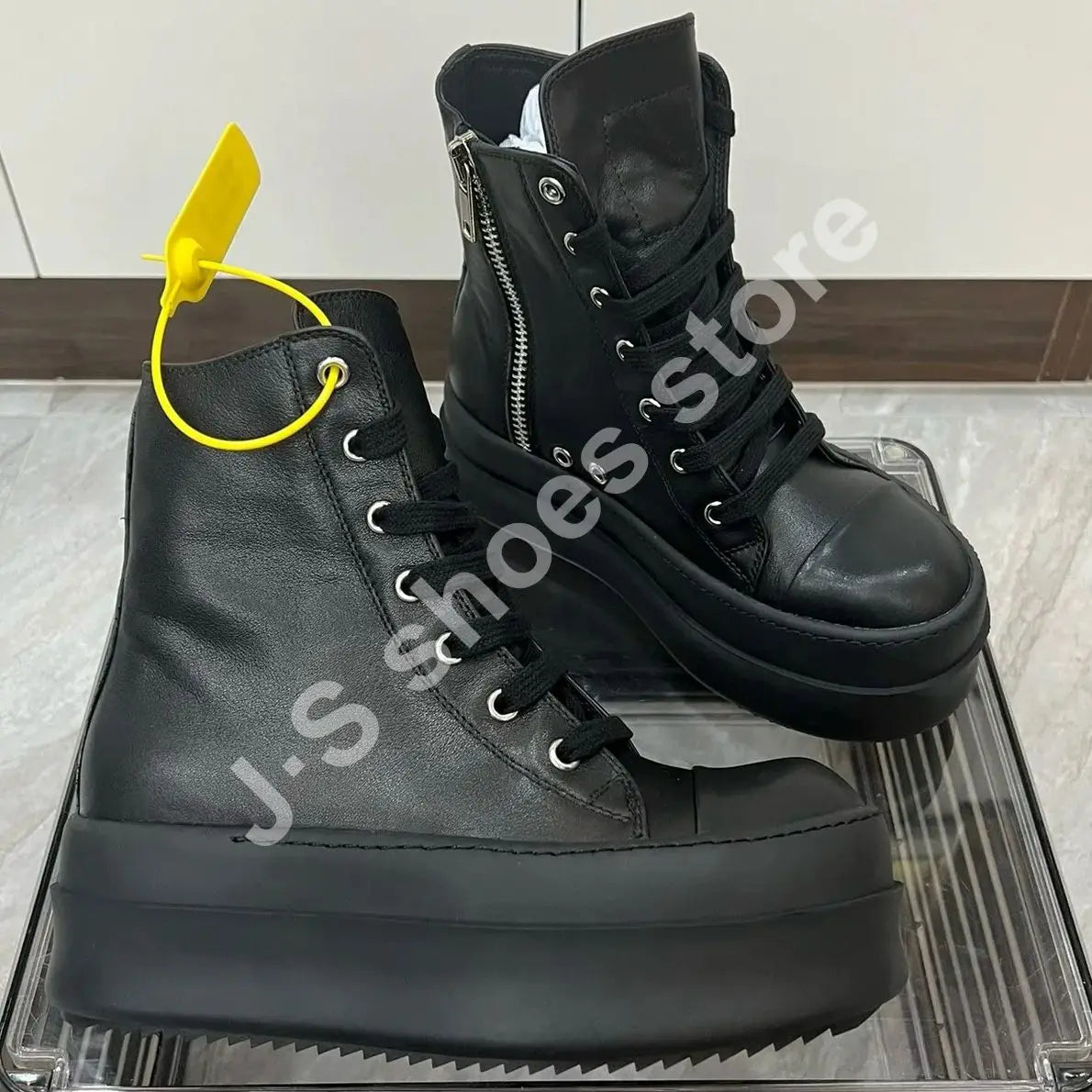 R-o Luxury Men Shoe Black Leather High Top Shoes Women Sneaker Casual Boot Zip 6cm Thick Sole Sneakers Pantshoes Ankle Boots