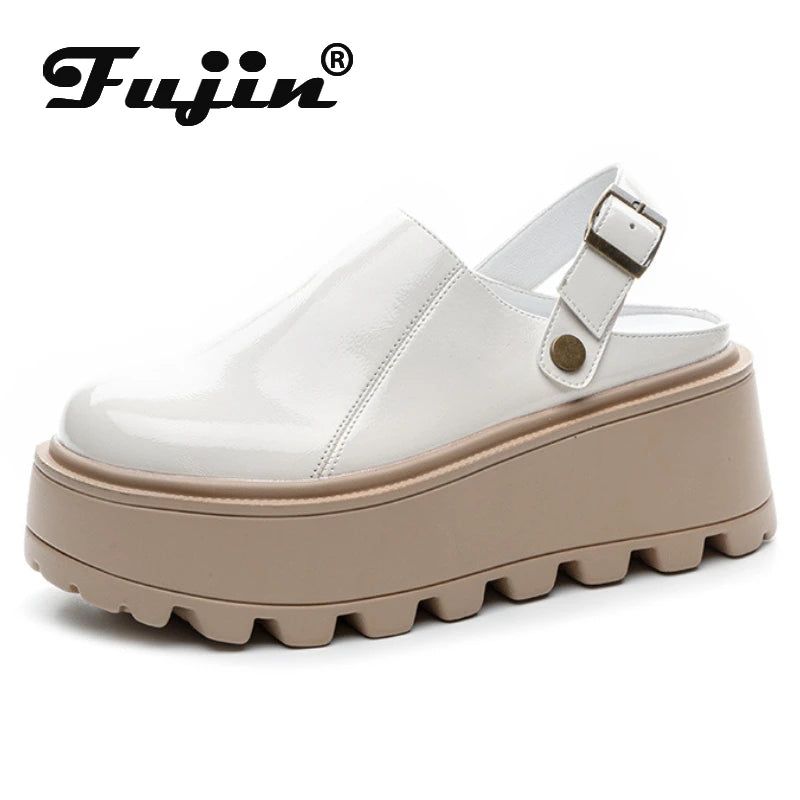 Fujin 7cm Patent Leather Platform Wedge Flats Autumn Breathable Slip on Pumps Spring Synthetic Mary Jane High Brand Shoes