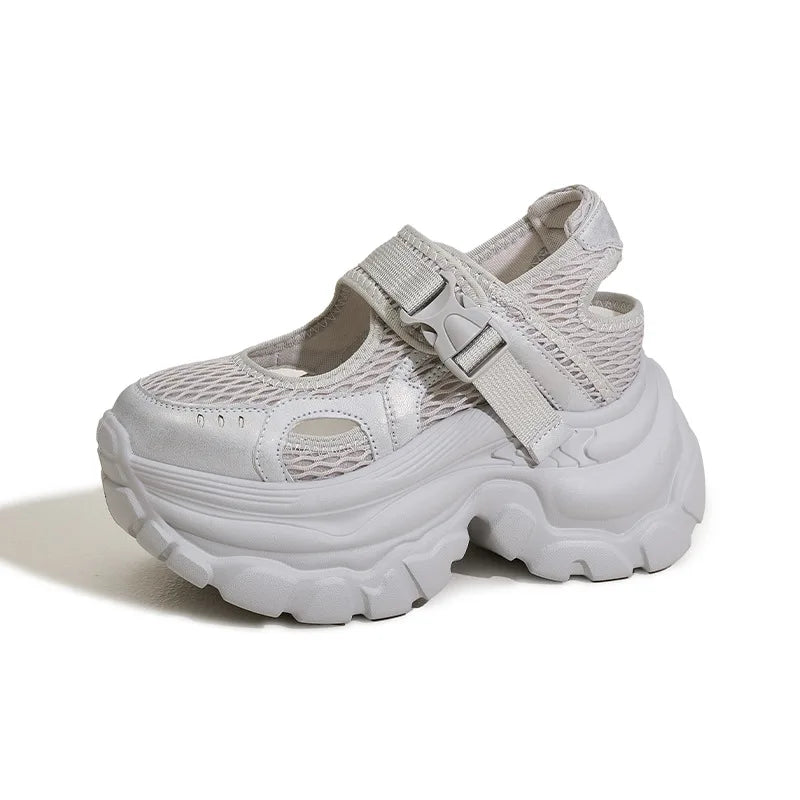 Fujin 9cm Air Mesh Microfiber Leather High Brand Comfy Platform Wedge Fashion Summer Chunky Sneaker Buckle Mary Jane Shoes Women