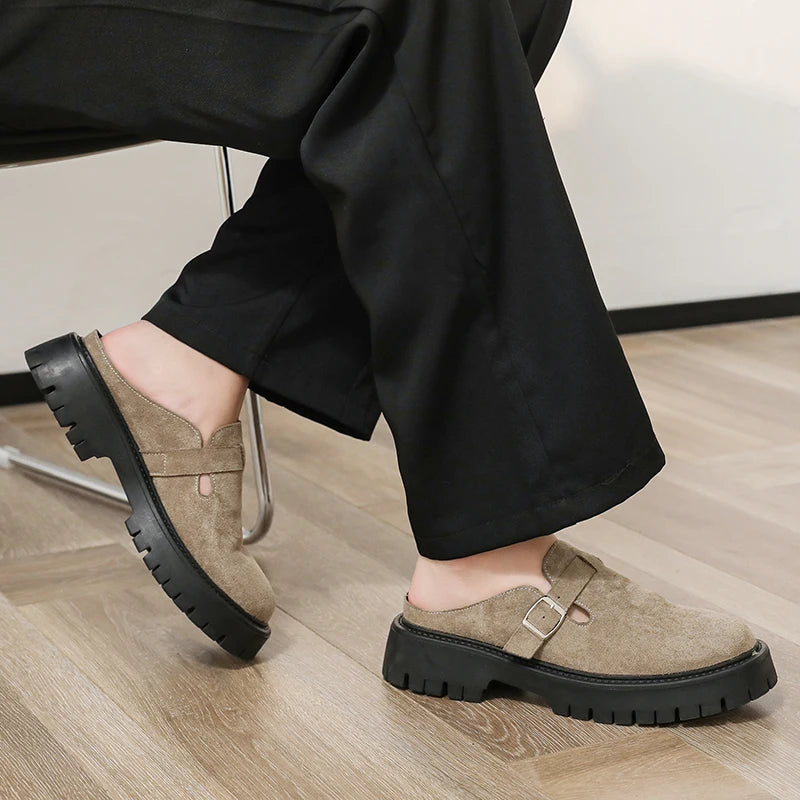 Men Leather Half Slippers Business Semi-towed Leather Shoes Thick-soled Wear-resistant Fashionable Shoes Indoor Outdoor Slippers