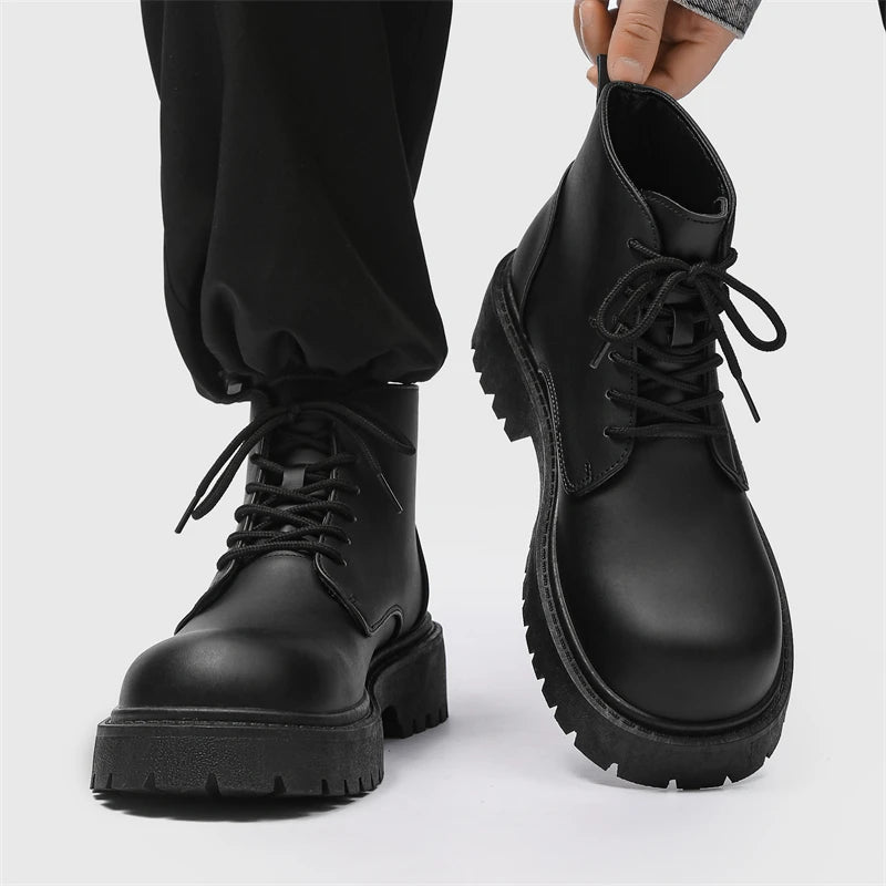STRONGSHEN Men Ankle Boot High-top Platform Motorcycle Boots Outdoor Fashion Classic Punk Boots Non-slip Leather Casual Shoes