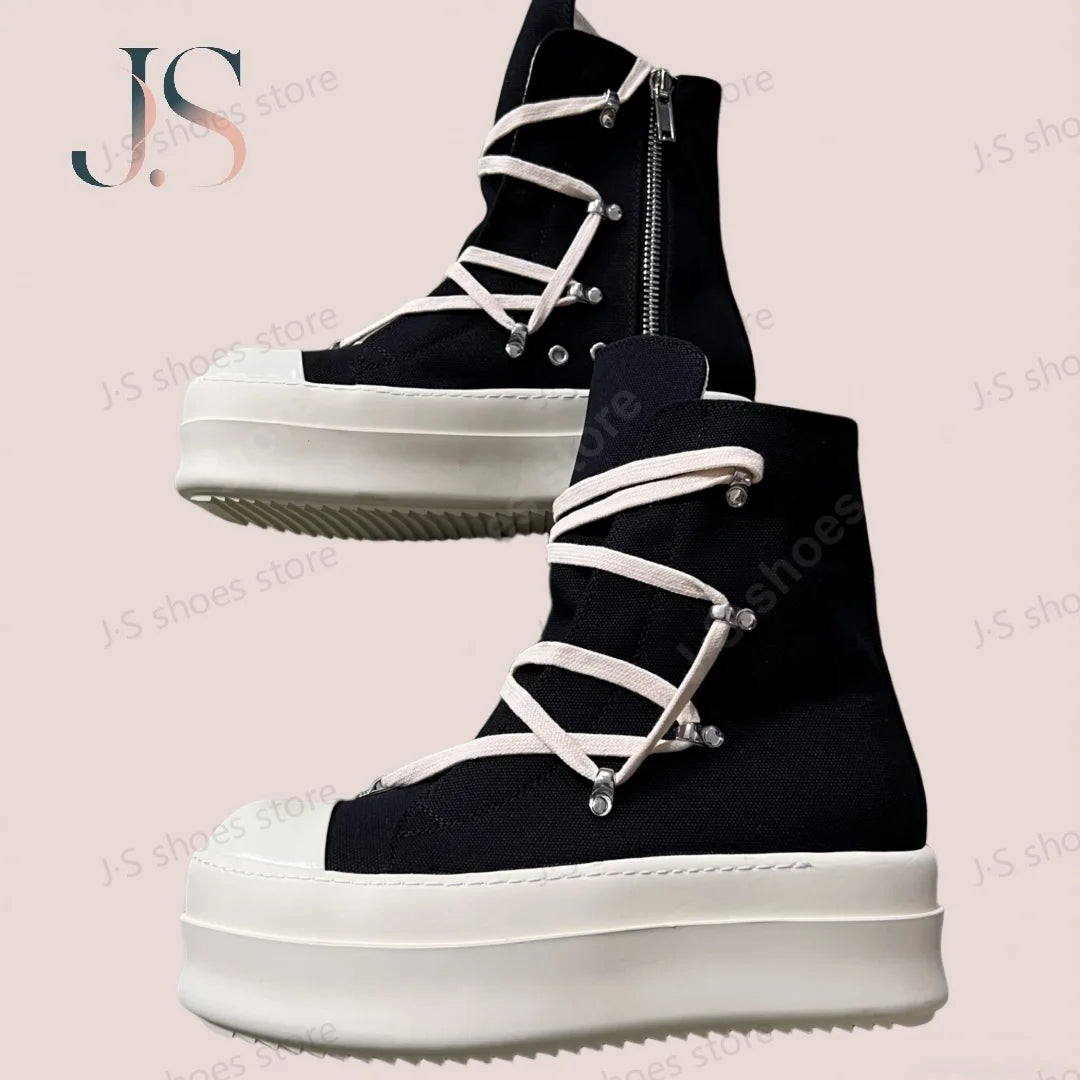R-o Designer Boots Men Sneaker Women Black Canvas High Top Casual Shoe Lace Up Platform 6cm Thick Sole Ankle Boot Shoes