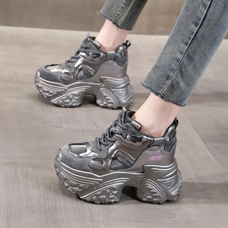 AUTUSPIN 10cm Hidden Wedges Platform Women Shoes Winter Autumn Retro Ins Popular Ladies Vulcanized Sneakers Female Size 34-39
