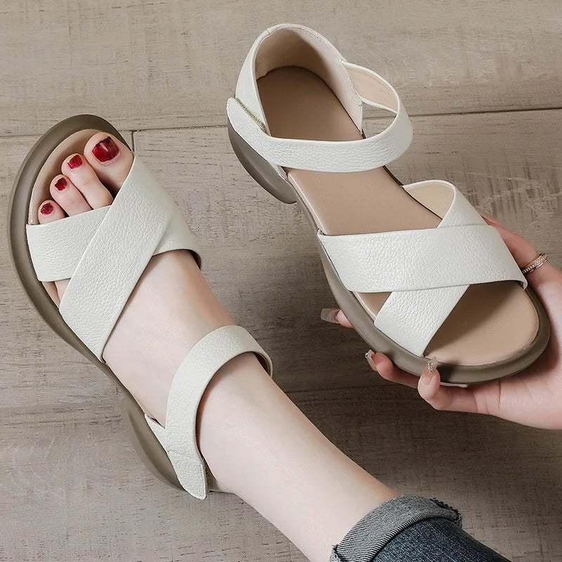 DRKANOL Women Sandals 2025 Summer Open Toe Shoes Solid Color Concise Genuine Leather Thick Heel Hook And Loop Casual Sandals