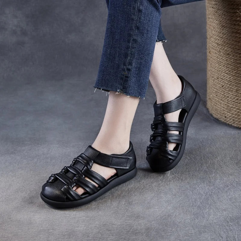 DRKANOL2025 Roman Sandals For Women Summer Handmade Woven Shoes Retro Style Genuine Cow Leather Soft Sole Casual Flat Sandals