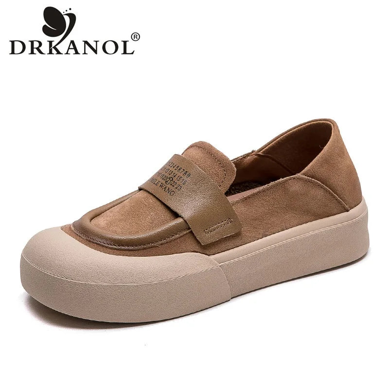 DRKANOL 2025 Fashion Spring Shoes Women Slip On Flat Loafers Shallow Real Cow Leather Literary Style Thick Bottom Lazy Shoes