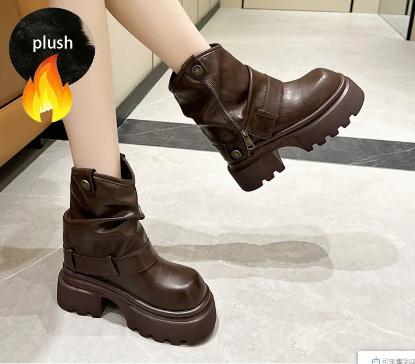 Koznoy 10cm PU Leather Spring Round Toe Shoes Motorcycle Boots Women Ankle Booties Ladies Fashion Chimney Autumn Moccasins