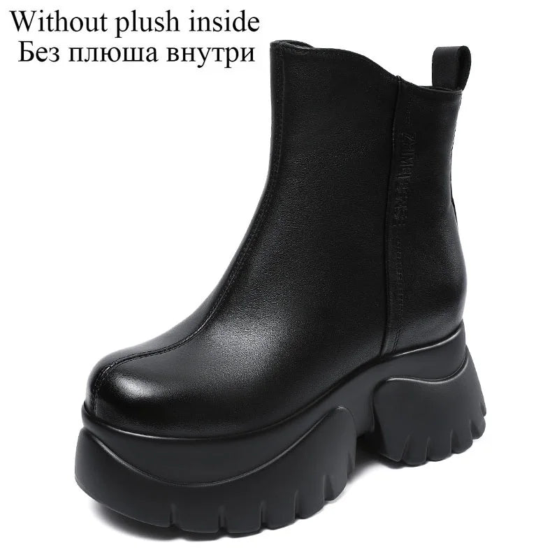DRKANOL Women Genuine Leather Boots 2025 Autumn Winter Warm Platform Height Increasing 9.5cm High Heel Retro Casual Ankle Boots