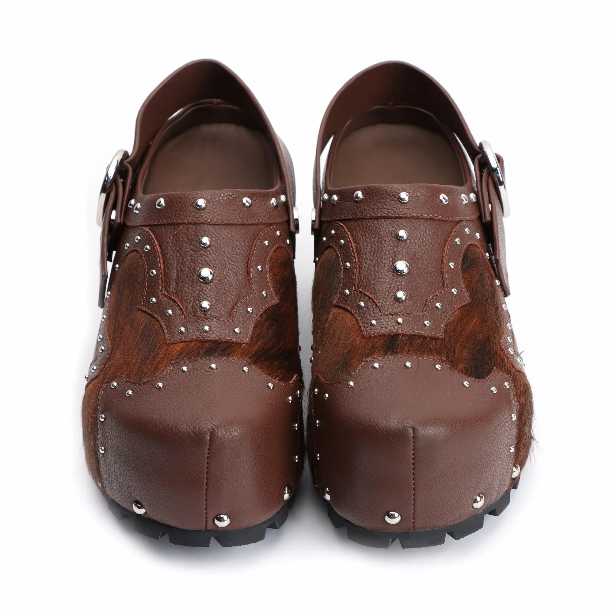 Luxury Studded Platform Clogs Sandals Cowhide Calf Hair Upper Leather Lined with Arch Support Slip-On Wide Fit Anti-Slip Outsole