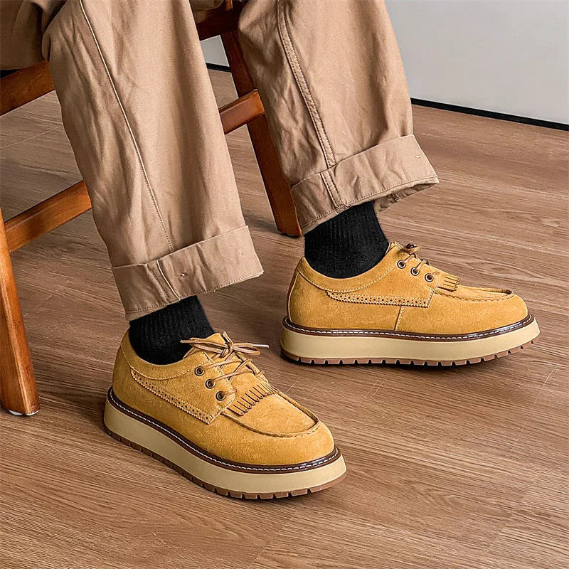 Men's Casual Oxford Shoes Leather Yellow Round Toe Business Platform Shoes Lace-up Tassels Shoe Comfortable Breathable Shoes