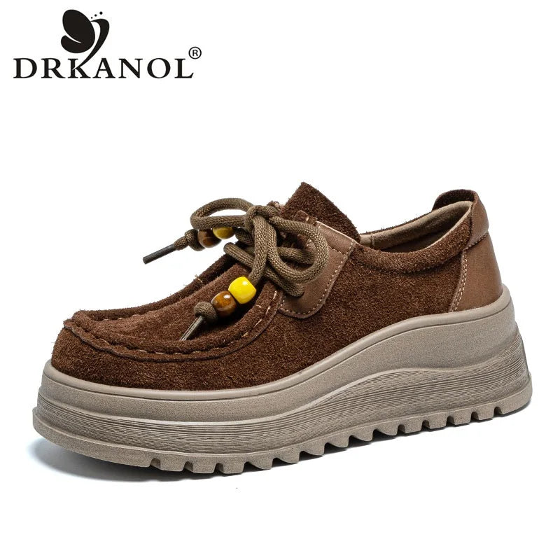 DRKANOL Handmade Retro Cow Suede Leather Chunky Platform Shoes For Women Big Toe Wedges Heel Height Increasing String Bead Shoes