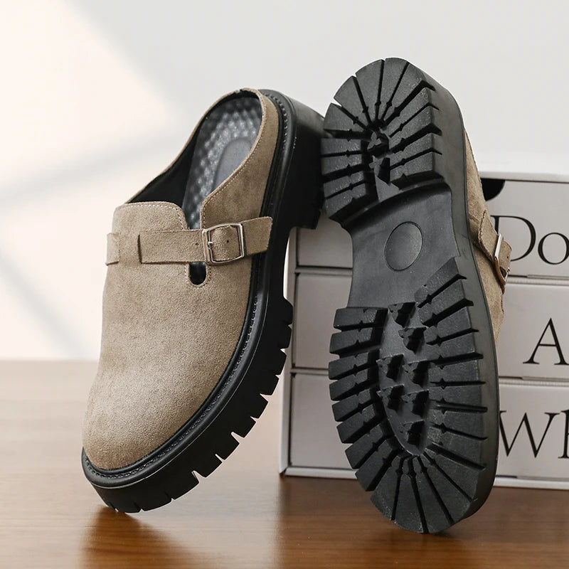 Men Leather Half Slippers Business Semi-towed Leather Shoes Thick-soled Wear-resistant Fashionable Shoes Indoor Outdoor Slippers