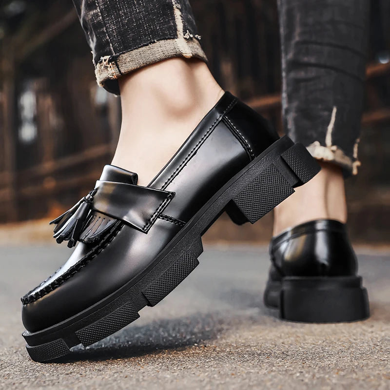 STRONGSHEN Men Leather Tassel Shoes Brand Luxury Loafers Black Moccasin Thick Bottom Business Casual Formal Men's Dress Shoes